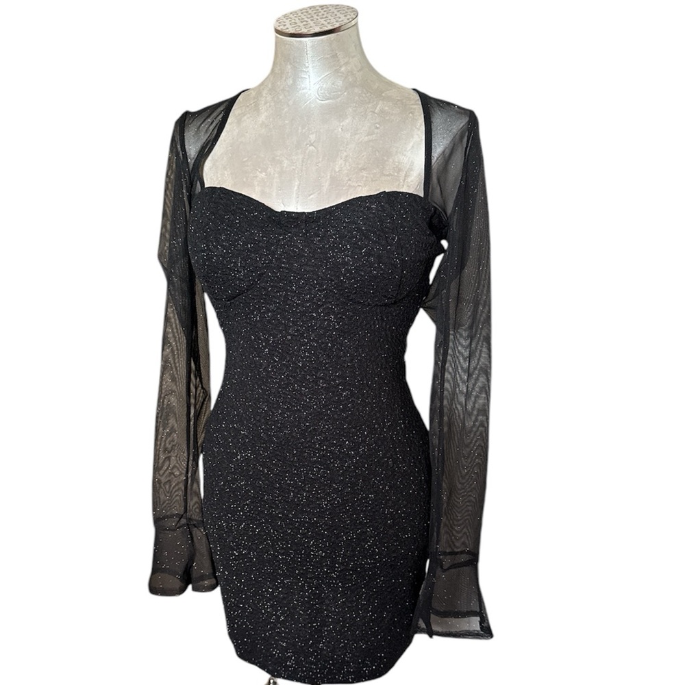 Windsor Women’s Evening Cocktail Dress Black Sparkly With Sheer Sleeves Size L